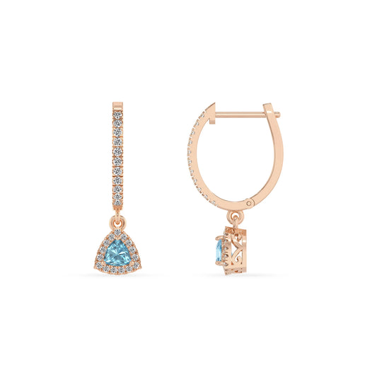 lab grown aquamarine trillion drop earrings in rose gold 