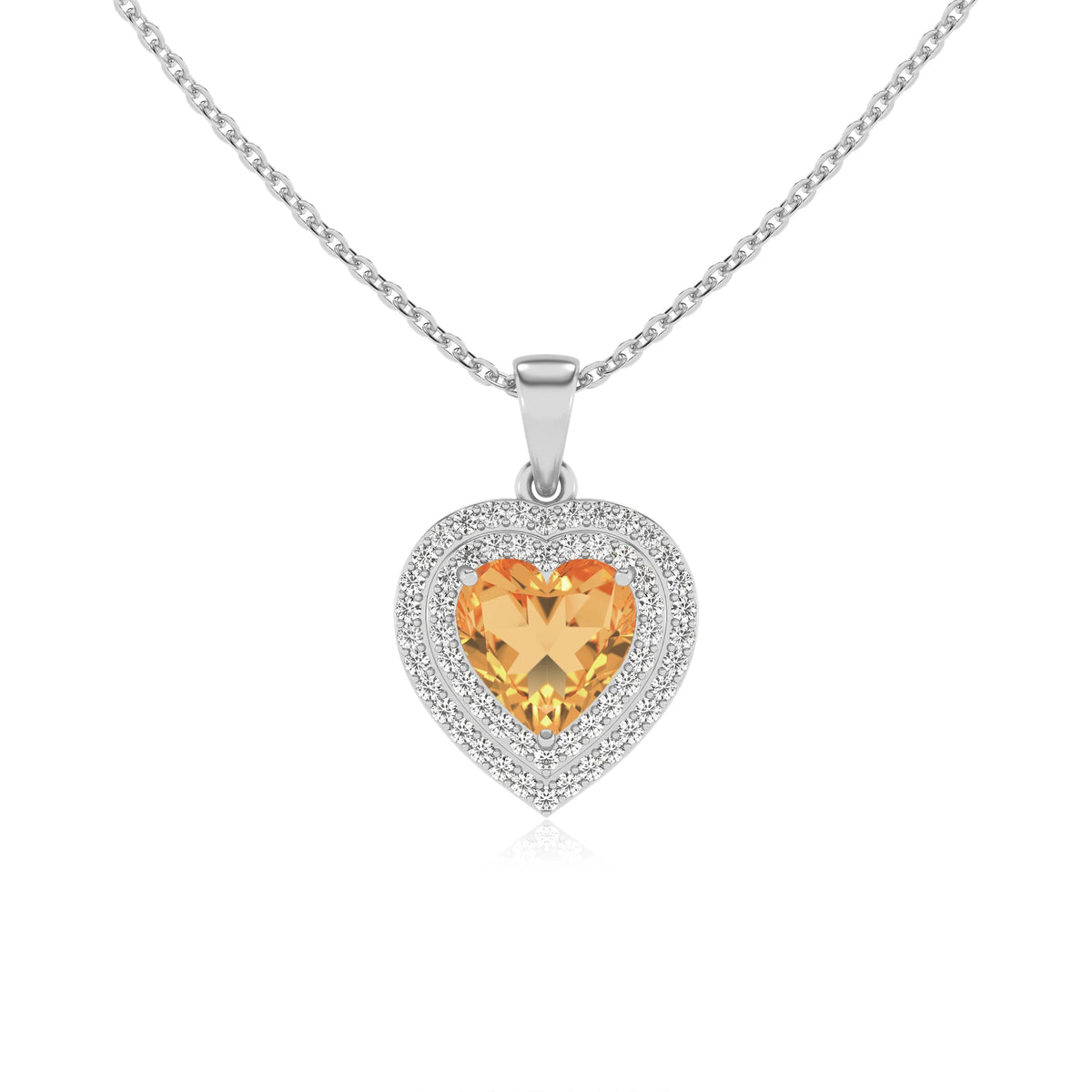 lab grown citrine heart halo necklaces in white gold 