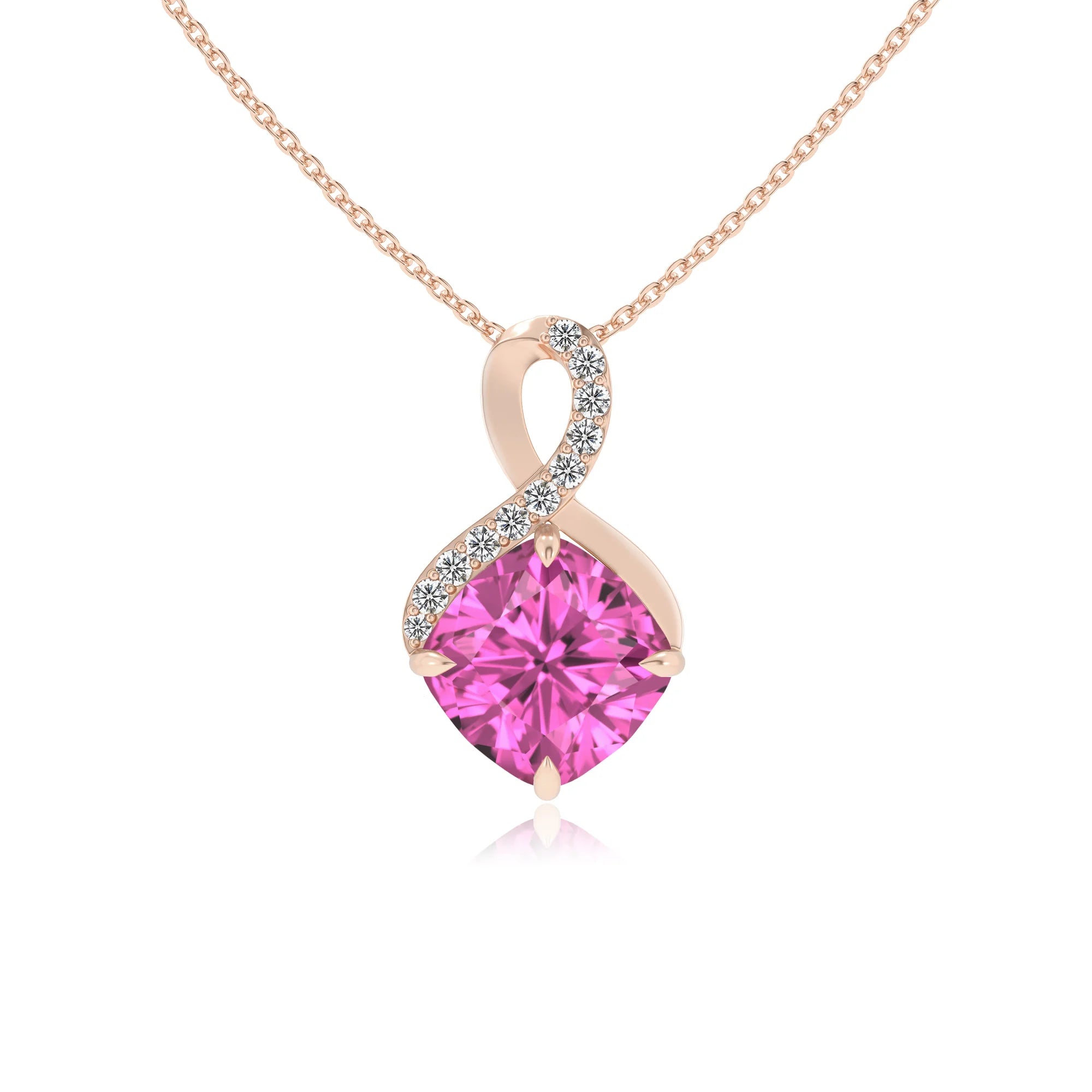 lab grown pink-sapphire cushion infinity necklaces in rose gold 
