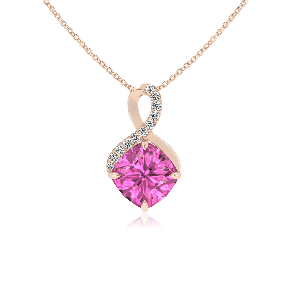lab grown pink-sapphire cushion infinity necklaces in rose gold 