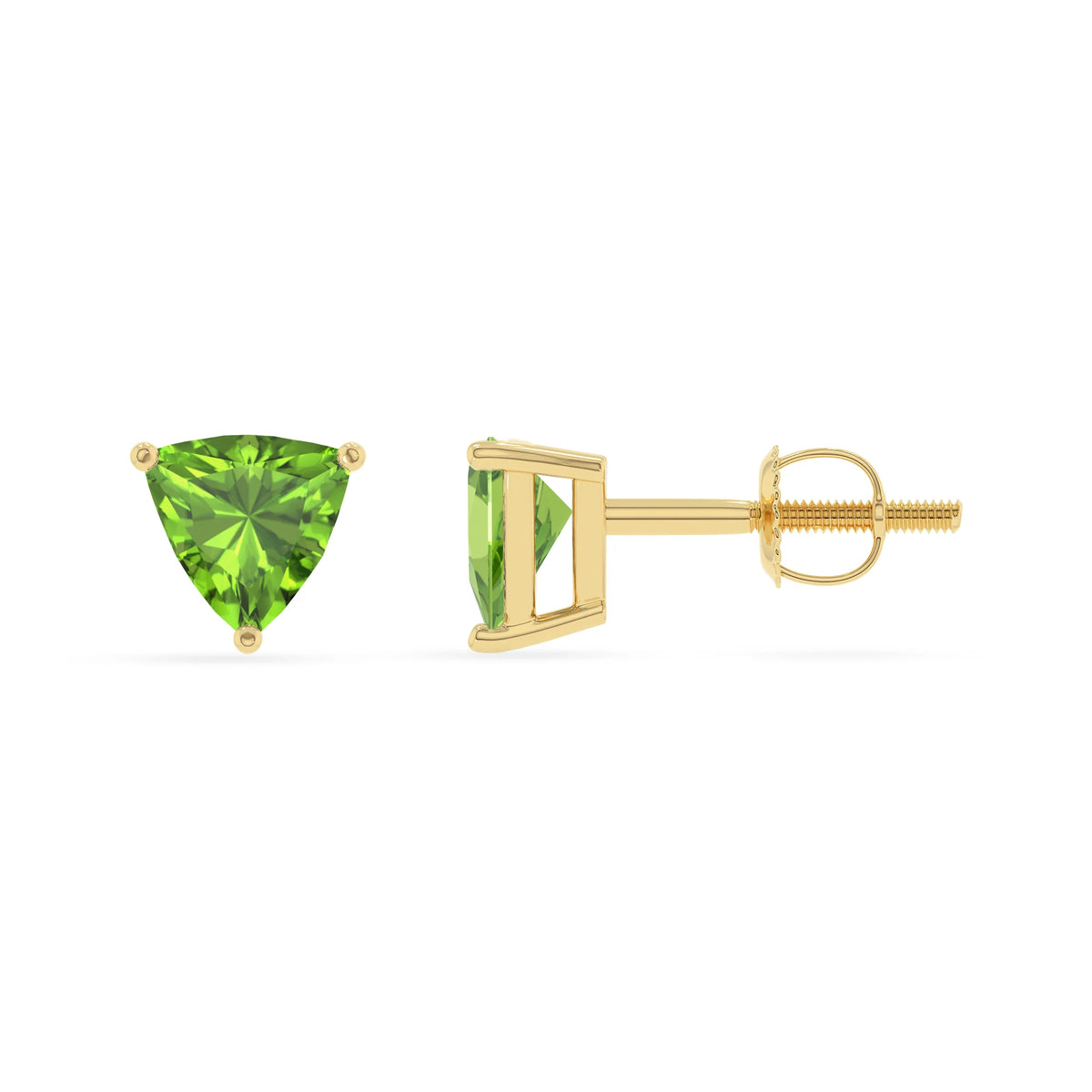 natural peridot trillion stud earrings in yellow gold 