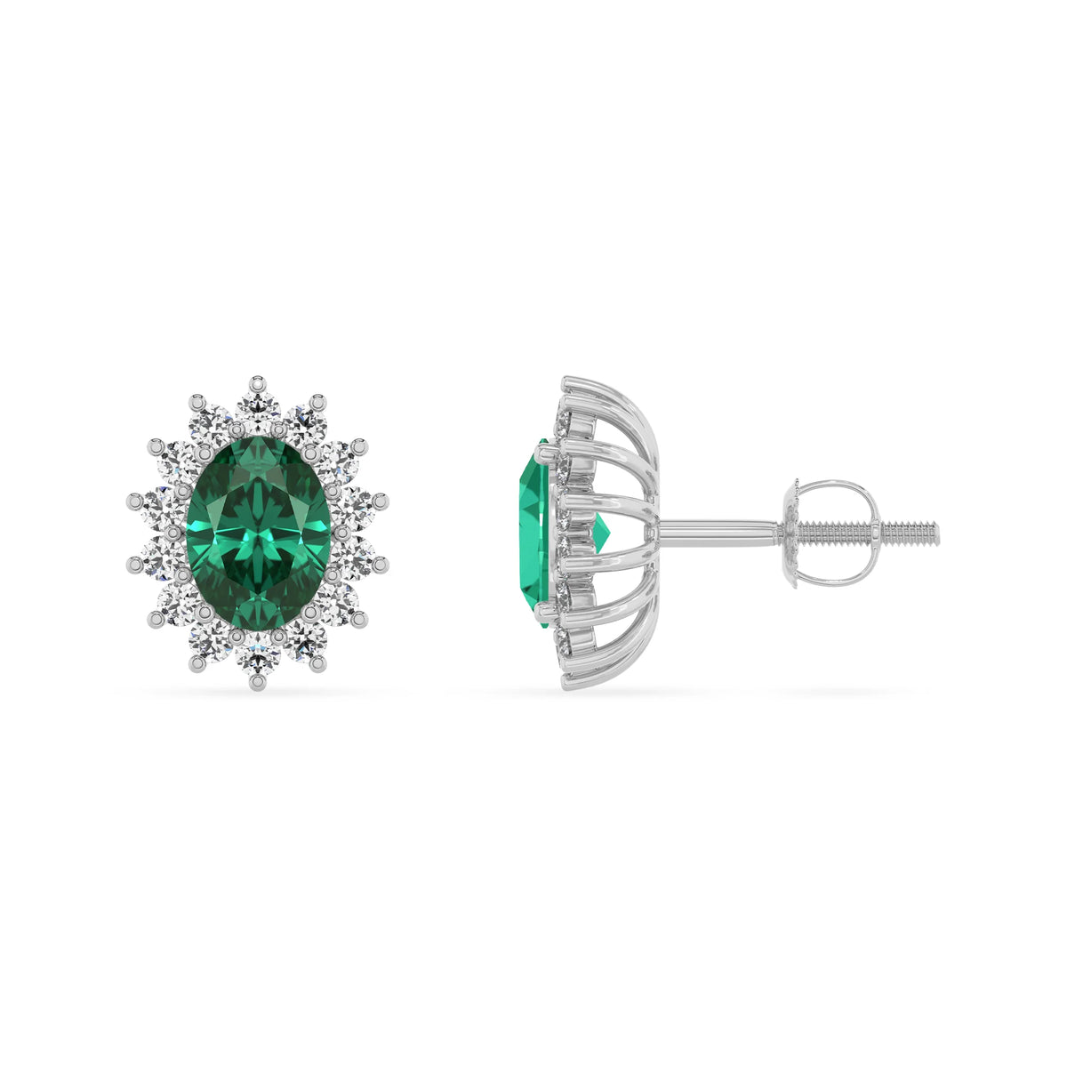 lab grown emerald oval stud earrings in sterling silver 