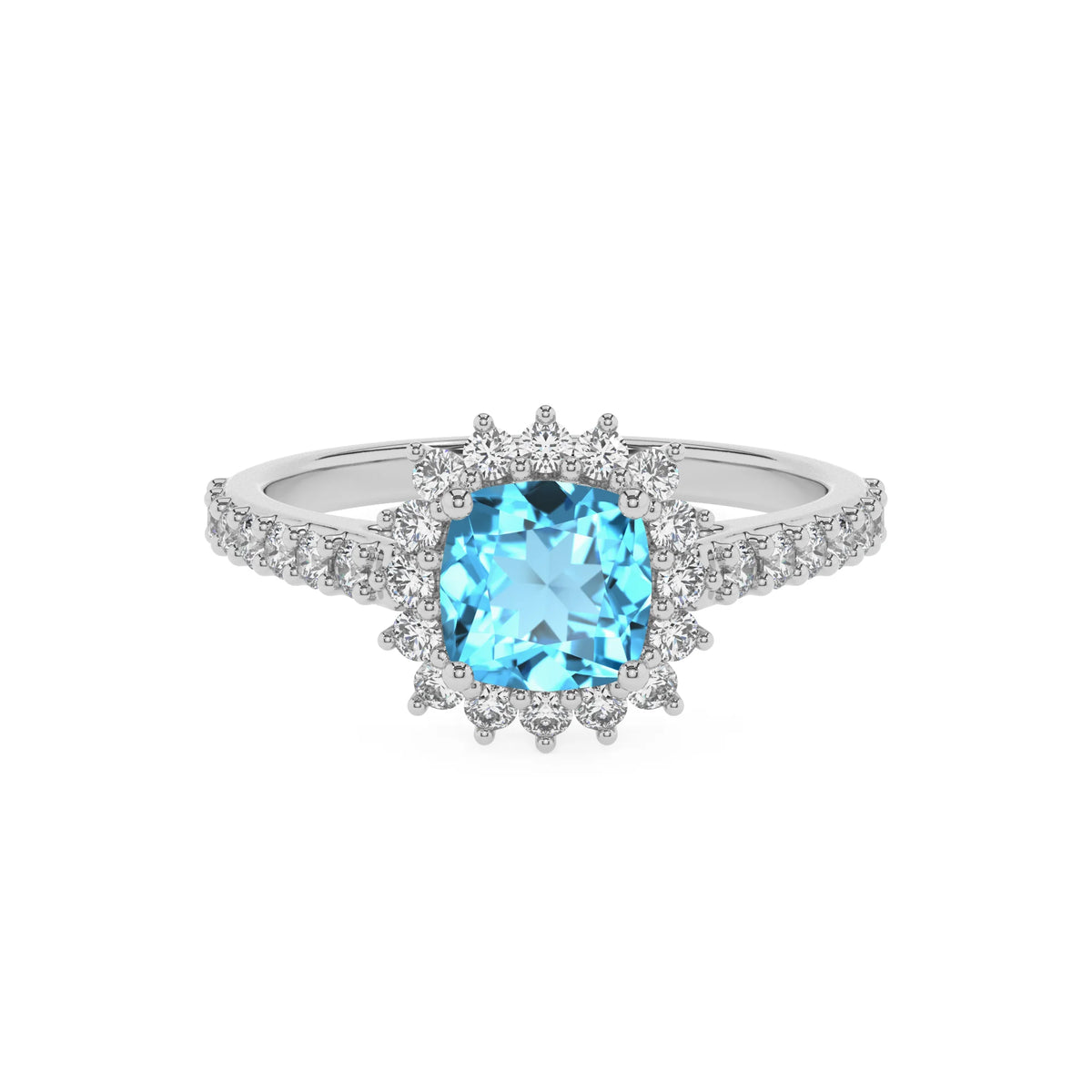 natural swiss-blue-topaz cushion solitaire rings in platinum 