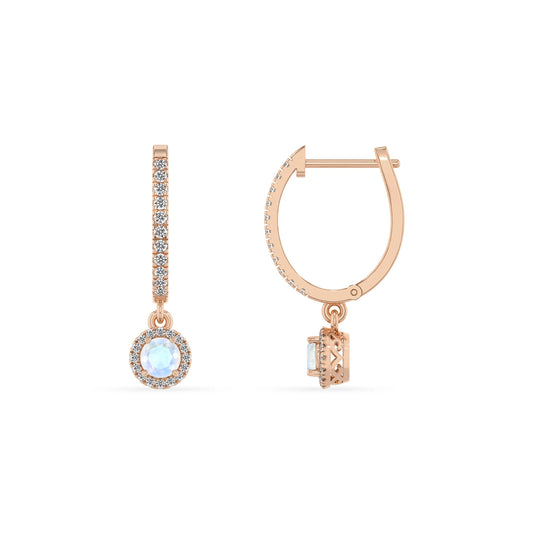 natural rainbow moonstone round drop earrings in rose gold 