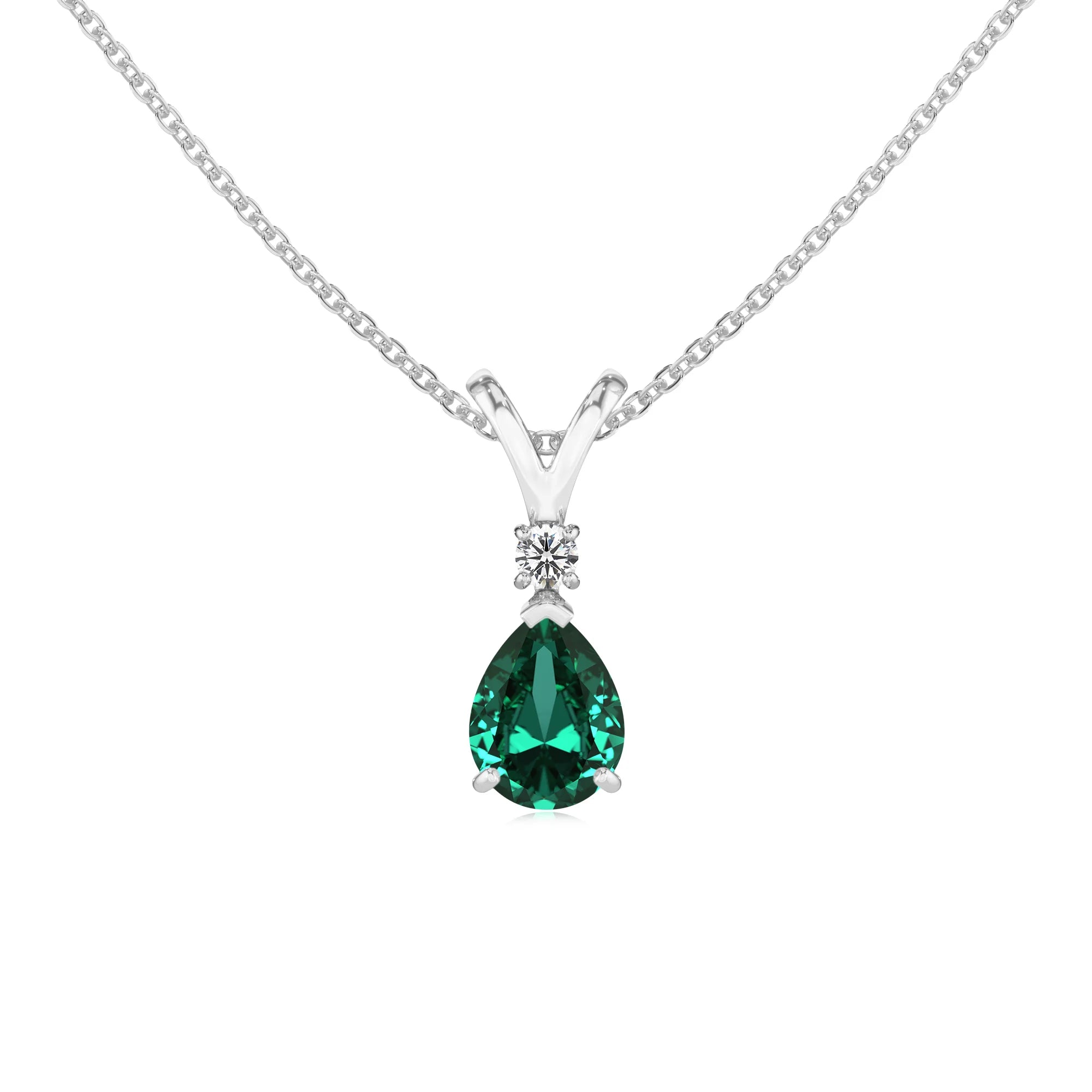 lab grown emerald pear solitaire v-bale necklaces in platinum 