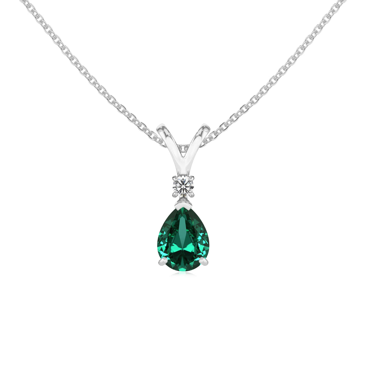 lab grown emerald pear solitaire v-bale necklaces in platinum 