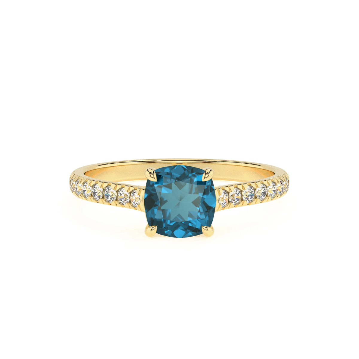 natural london-blue-topaz cushion half eternity solitaire engagement rings in yellow gold 