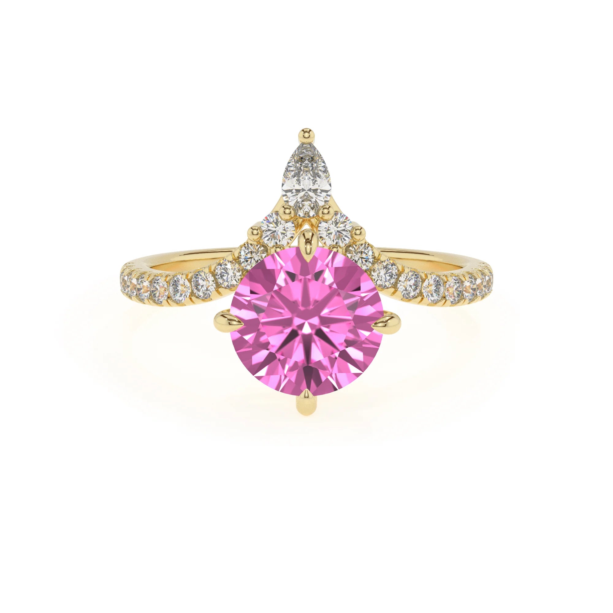 lab grown pink-sapphire round solitaire rings in yellow gold 