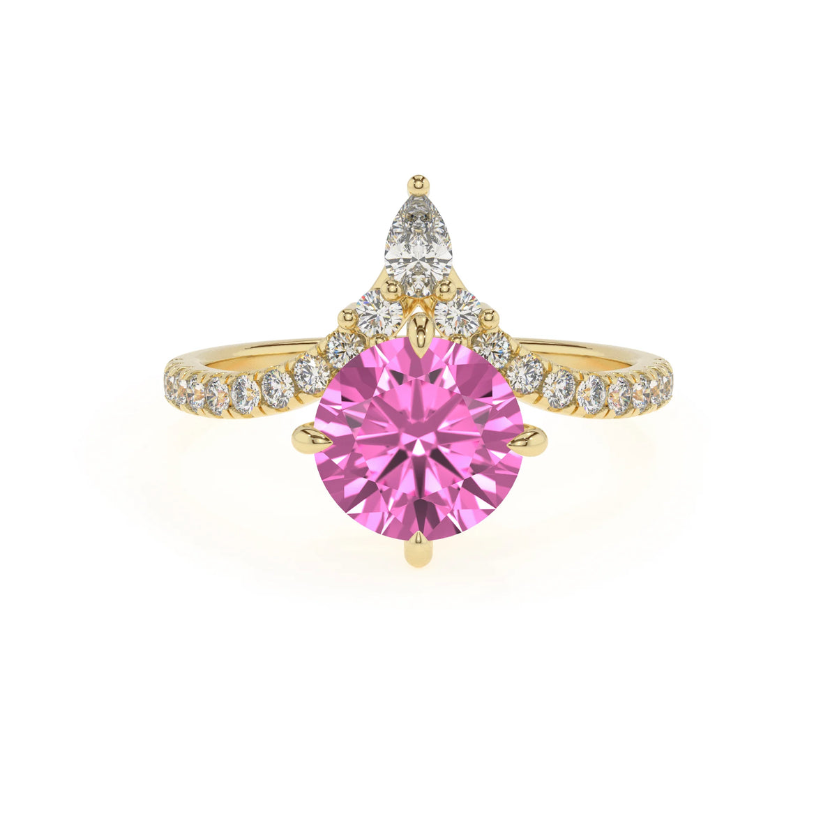 lab grown pink-sapphire round solitaire rings in yellow gold 