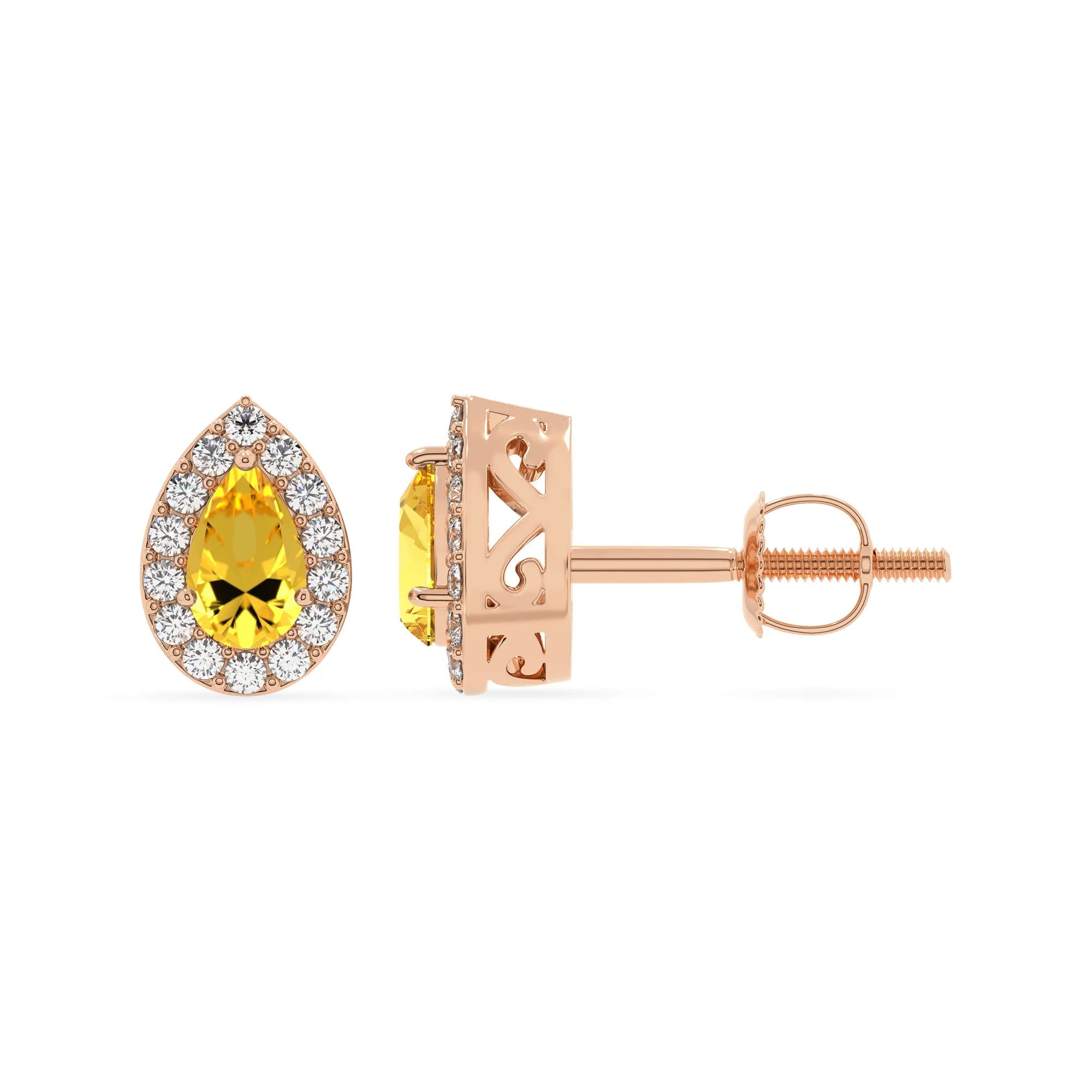lab grown yellow sapphire pear stud earrings in rose gold 