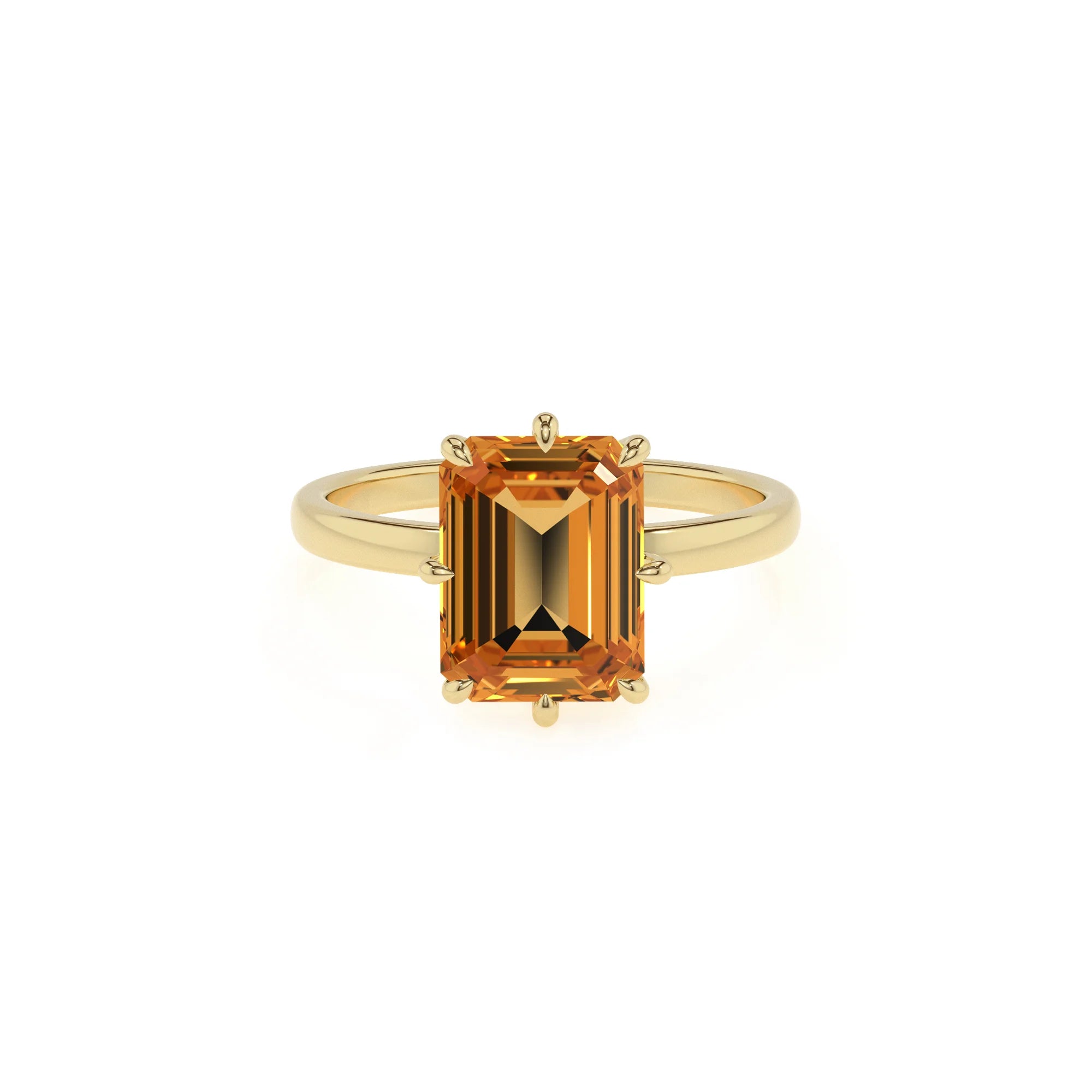 lab grown citrine emerald cut solitaire rings in yellow gold 