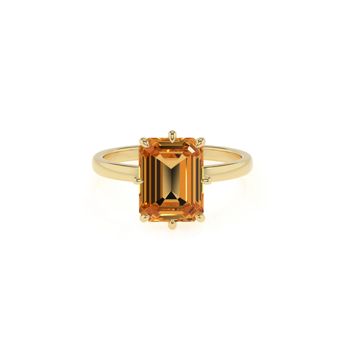 lab grown citrine emerald cut solitaire rings in yellow gold 