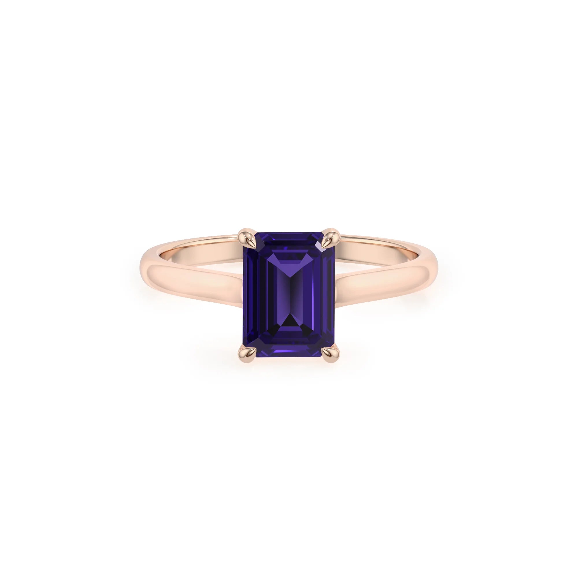 lab grown tanzanite emerald cut solitaire rings in rose gold 