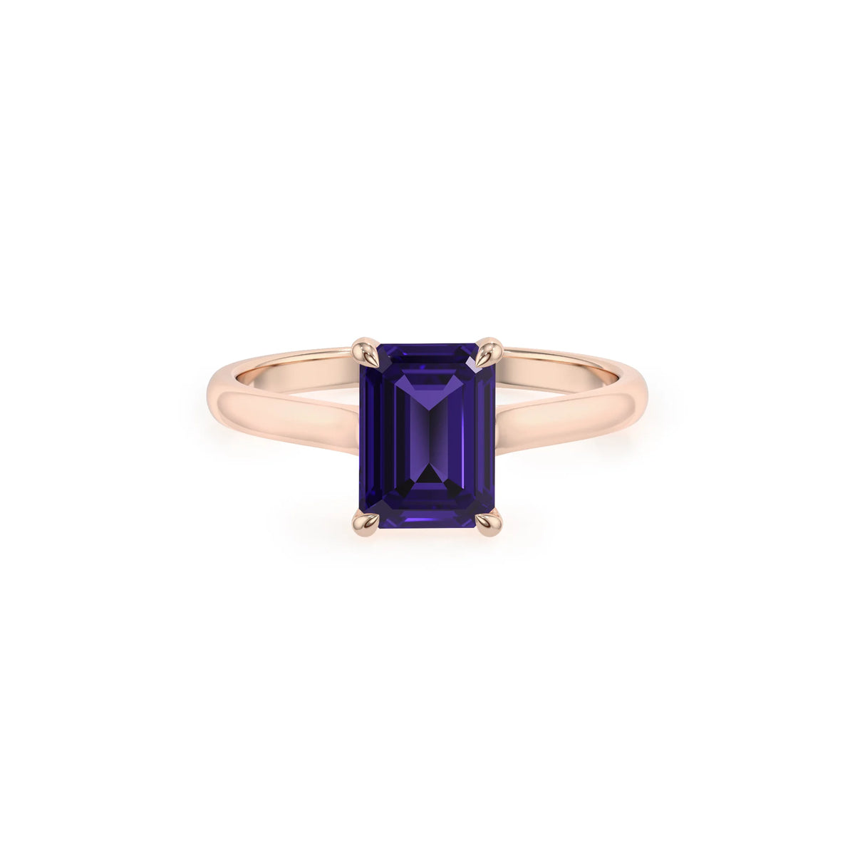 lab grown tanzanite emerald cut solitaire rings in rose gold 