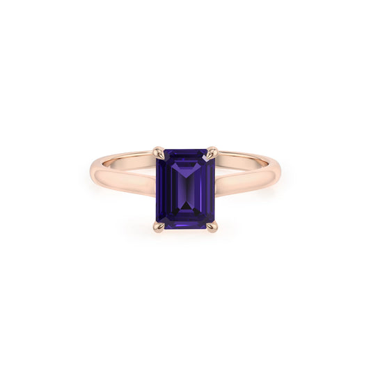 lab grown tanzanite emerald cut solitaire rings in rose gold 