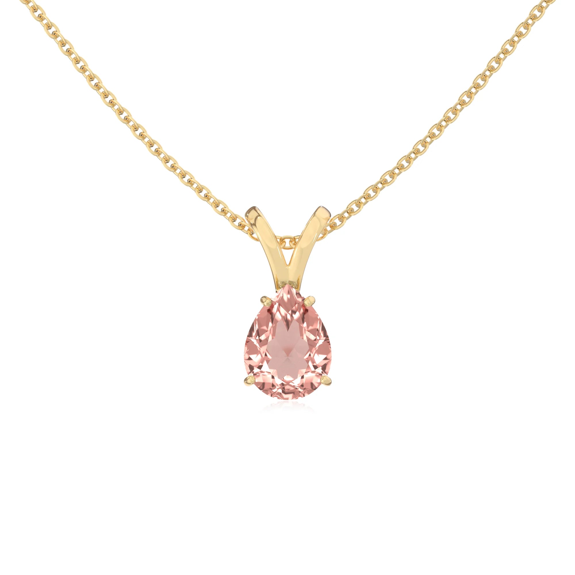lab grown morganite pear solitaire v-bale necklaces in yellow gold 