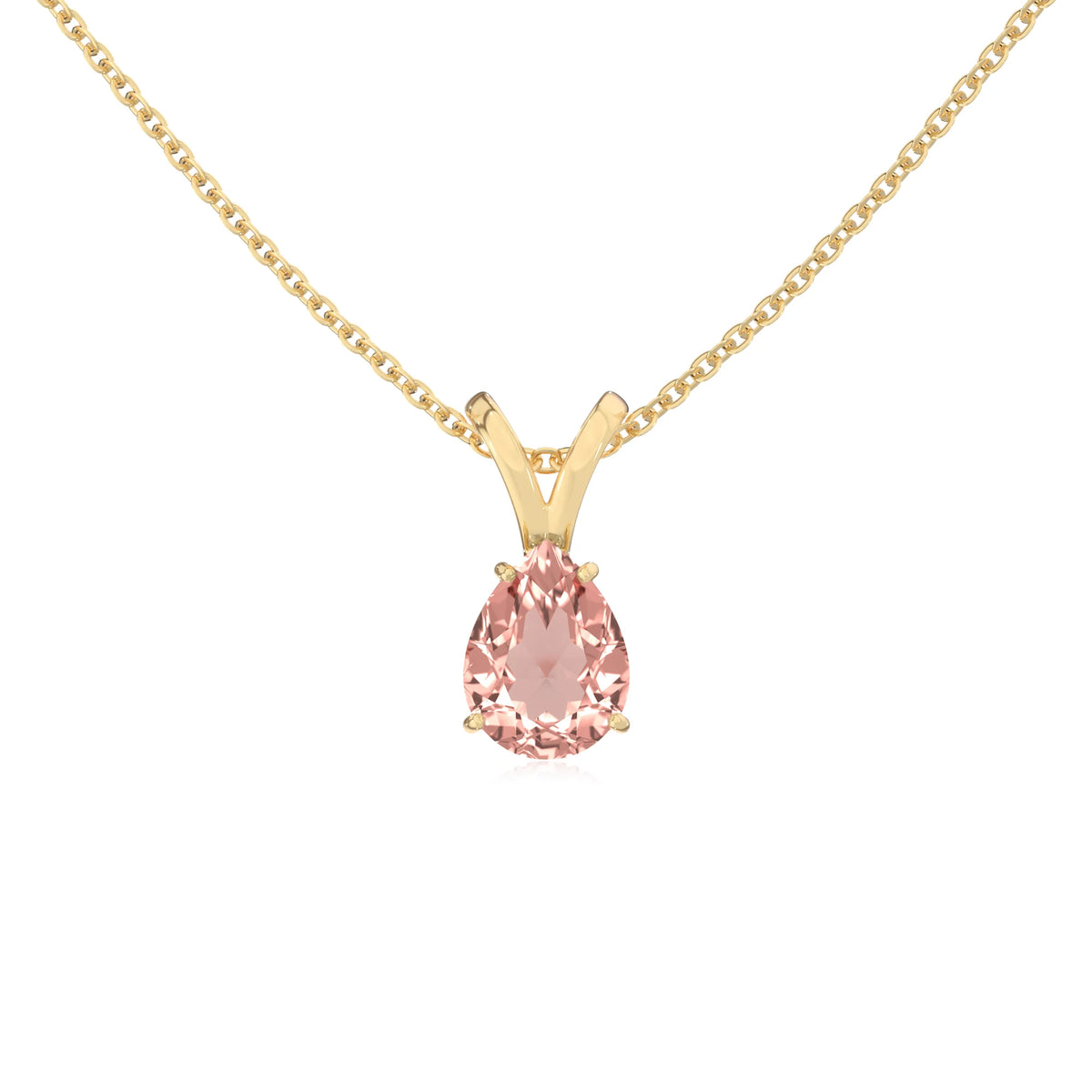 lab grown morganite pear solitaire v-bale necklaces in yellow gold 