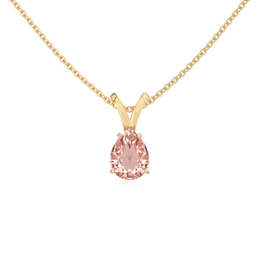 lab grown morganite pear solitaire v-bale necklaces in yellow gold 