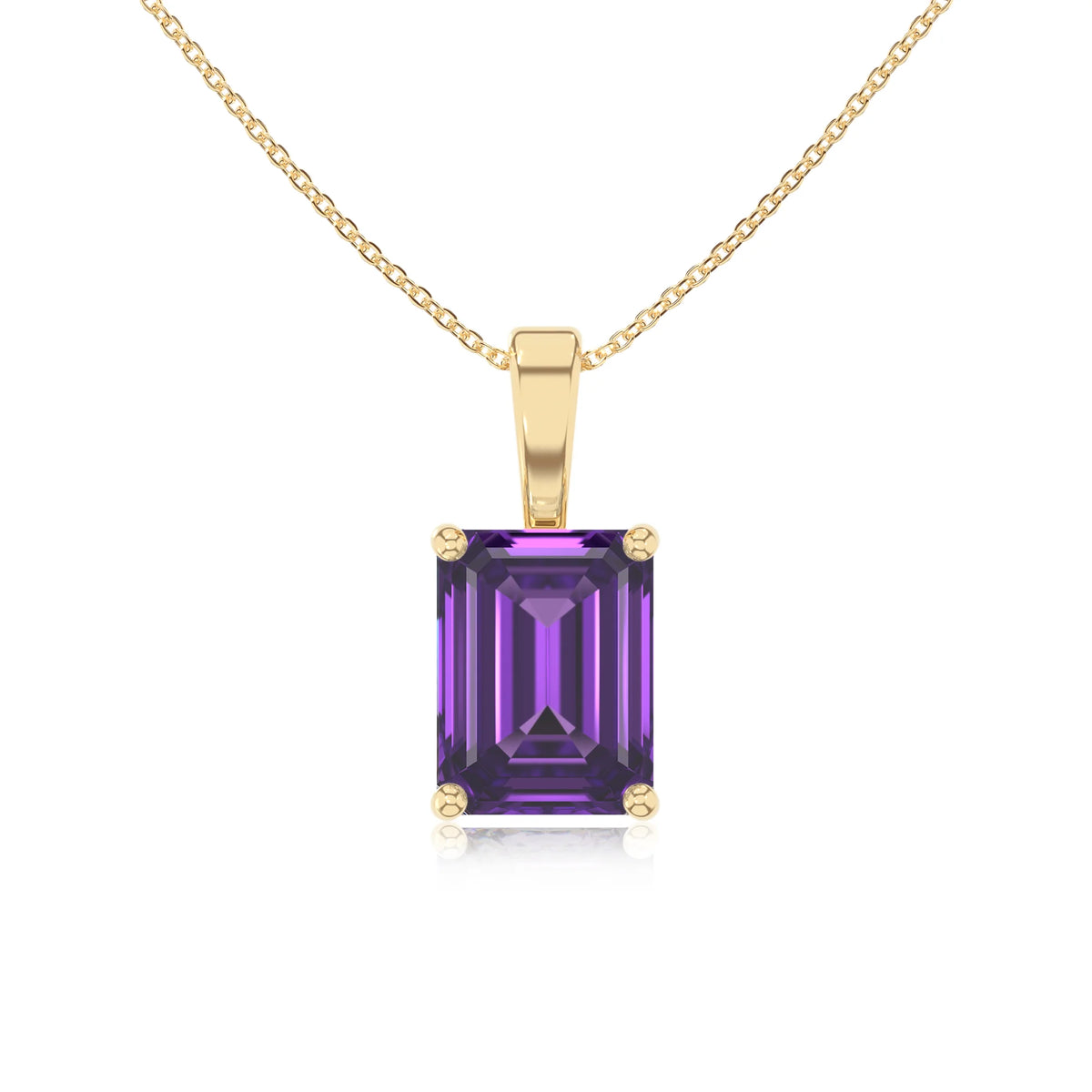 lab grown amethyst emerald cut solitaire necklaces in yellow gold 
