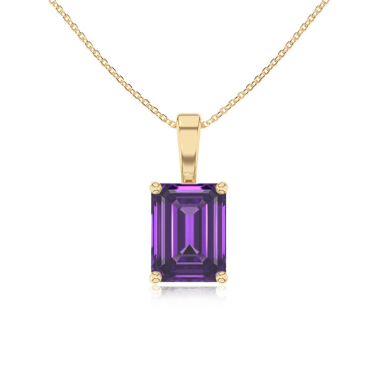 lab grown amethyst emerald cut solitaire necklaces in yellow gold 