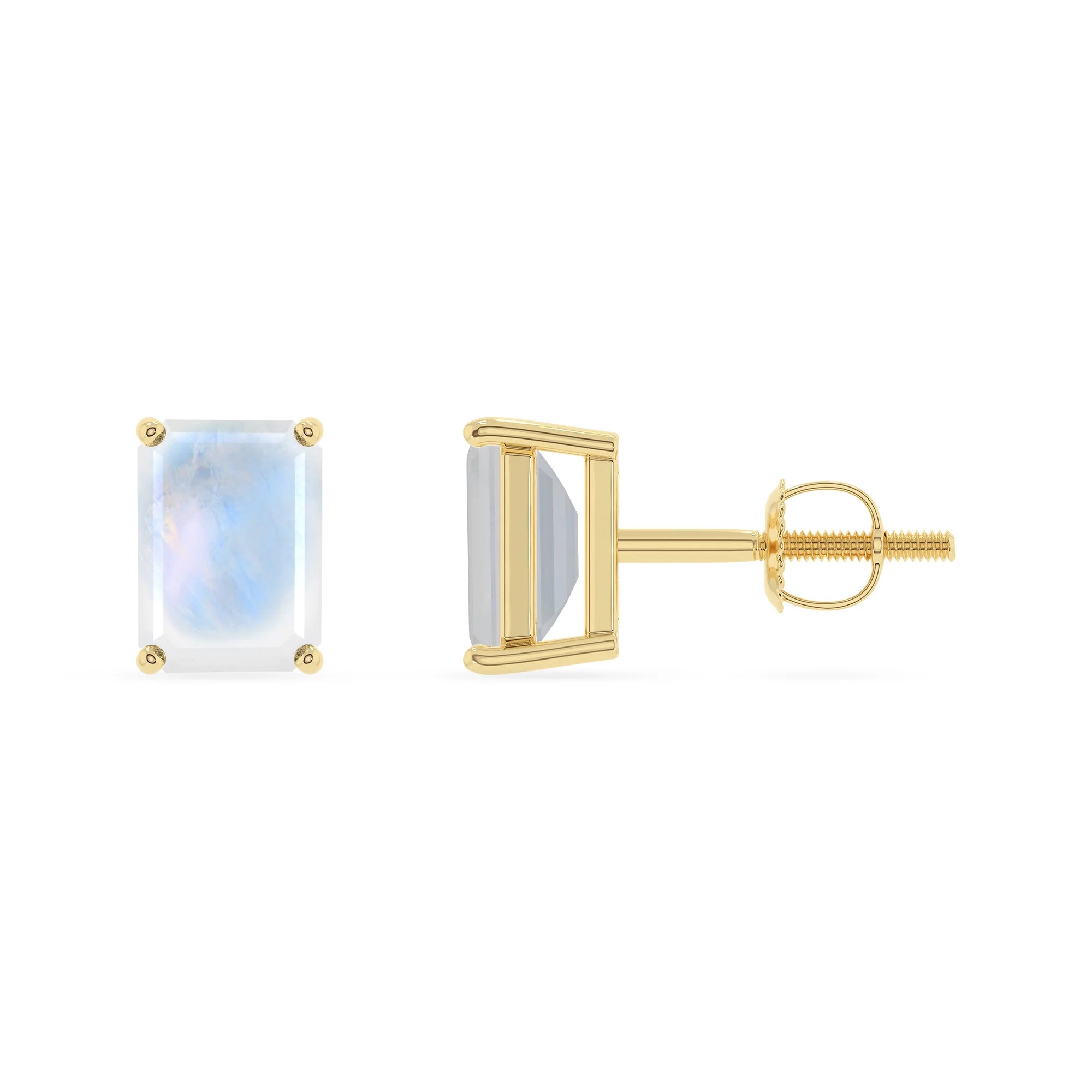 natural rainbow moonstone emerald cut stud earrings in yellow gold 