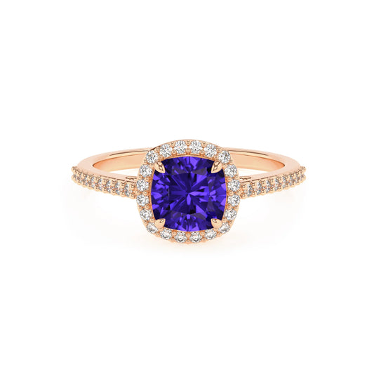 lab grown tanzanite cushion solitaire rings in rose gold 