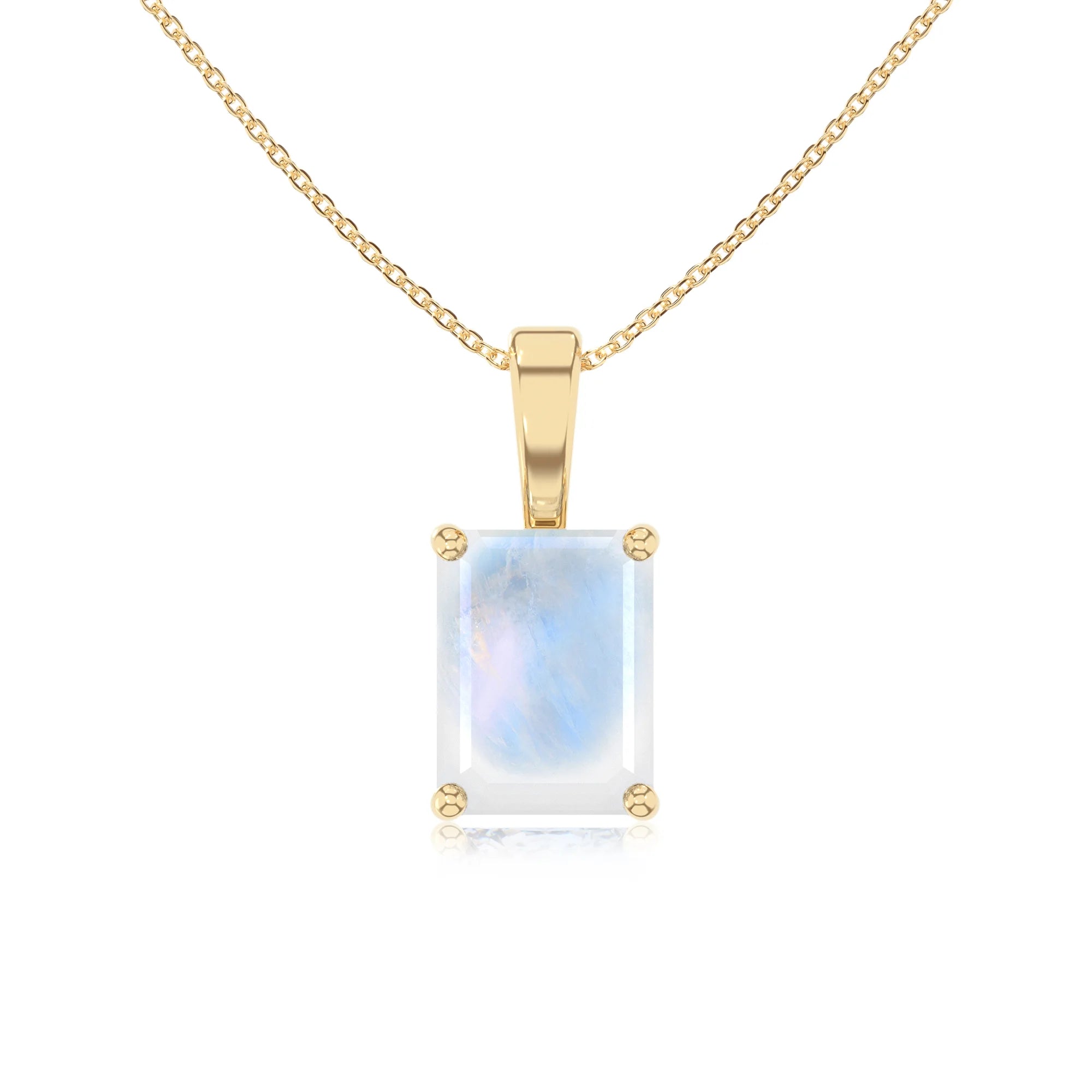natural rainbow-moonstone emerald cut solitaire necklaces in yellow gold 