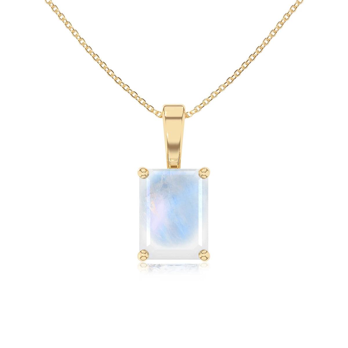 natural rainbow-moonstone emerald cut solitaire necklaces in yellow gold 