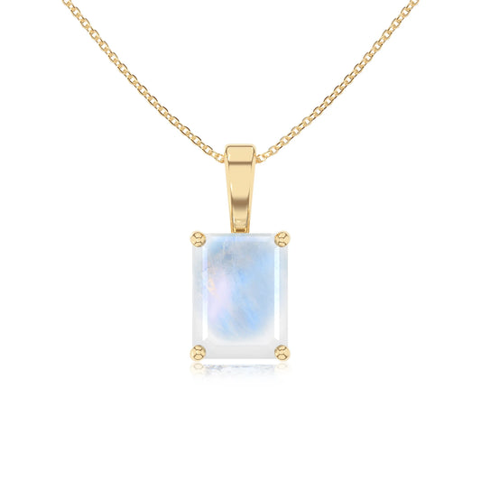 natural rainbow-moonstone emerald cut solitaire necklaces in yellow gold 