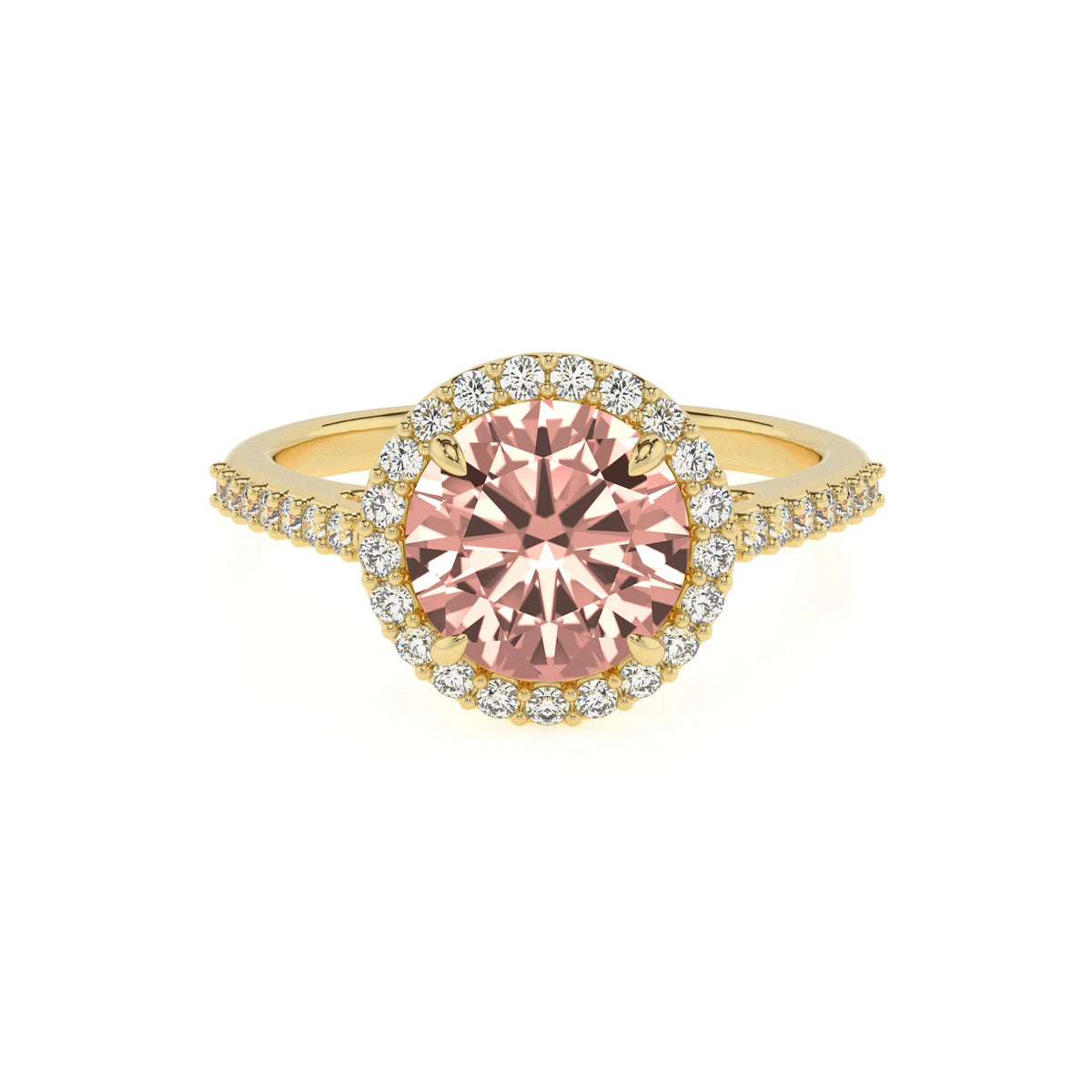 lab grown morganite round solitaire rings in yellow gold 