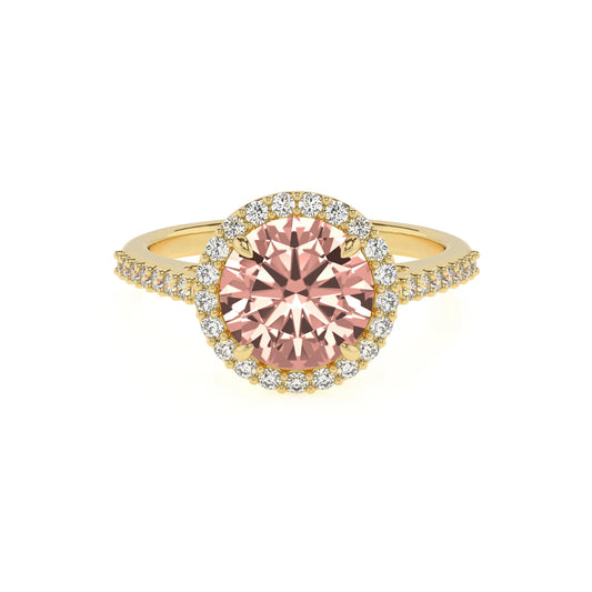 lab grown morganite round solitaire rings in yellow gold 