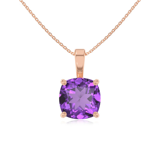 lab grown amethyst cushion solitaire necklaces in rose gold 
