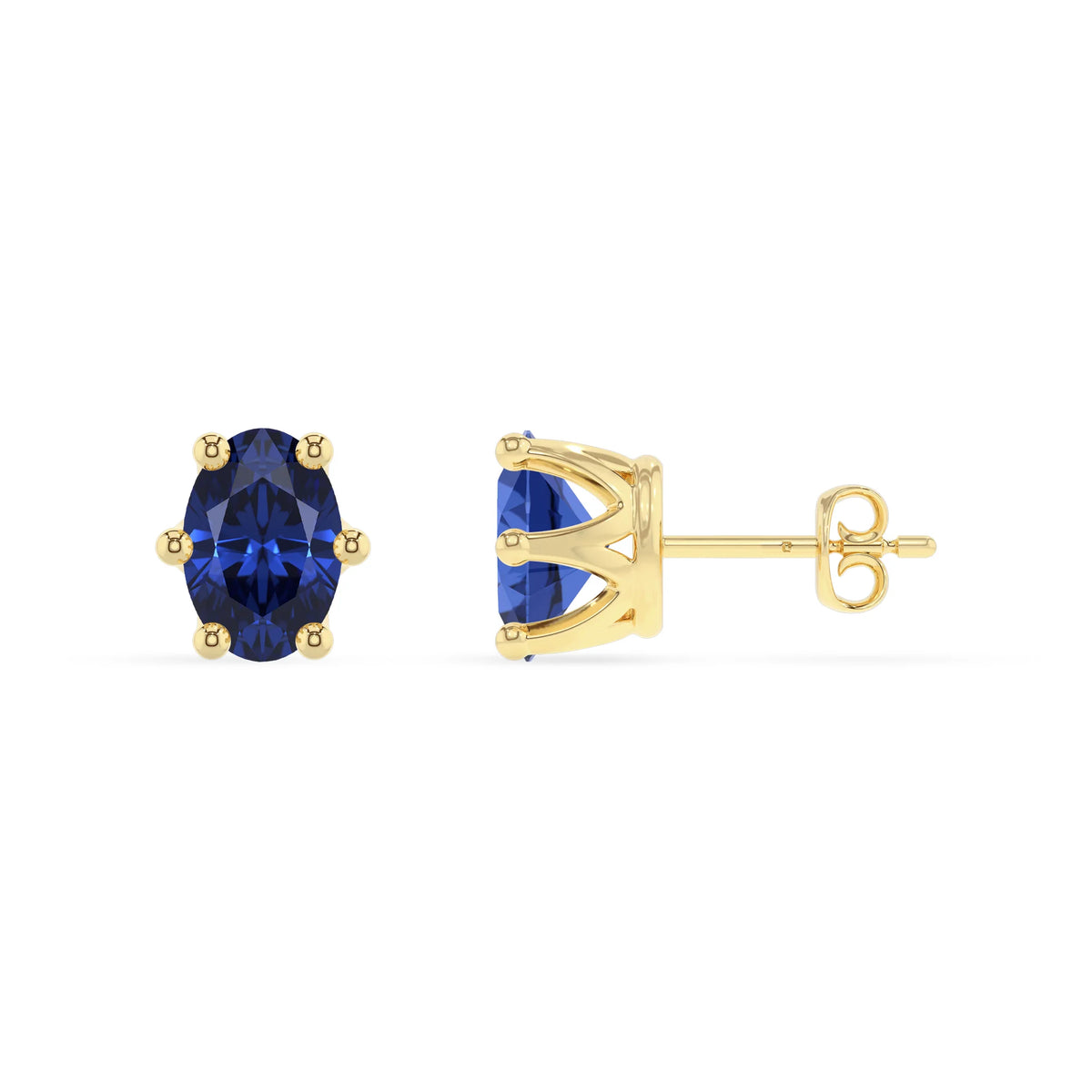 lab grown blue sapphire oval stud earrings in yellow gold 
