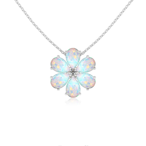 Lab Grown Opal Flower Pendant Necklace with Diamond Accents (18" Chain)