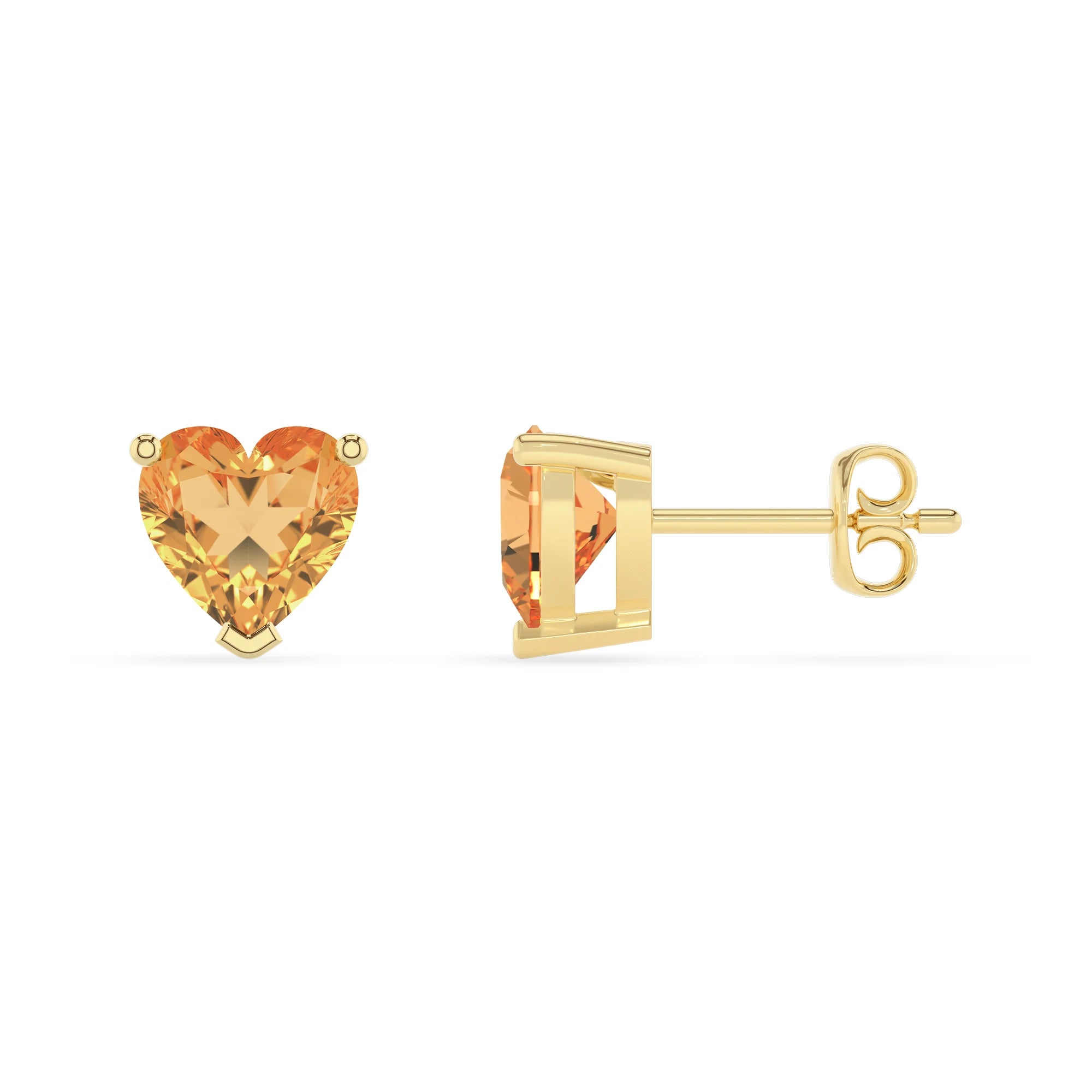 lab grown citrine heart stud earrings in yellow gold 