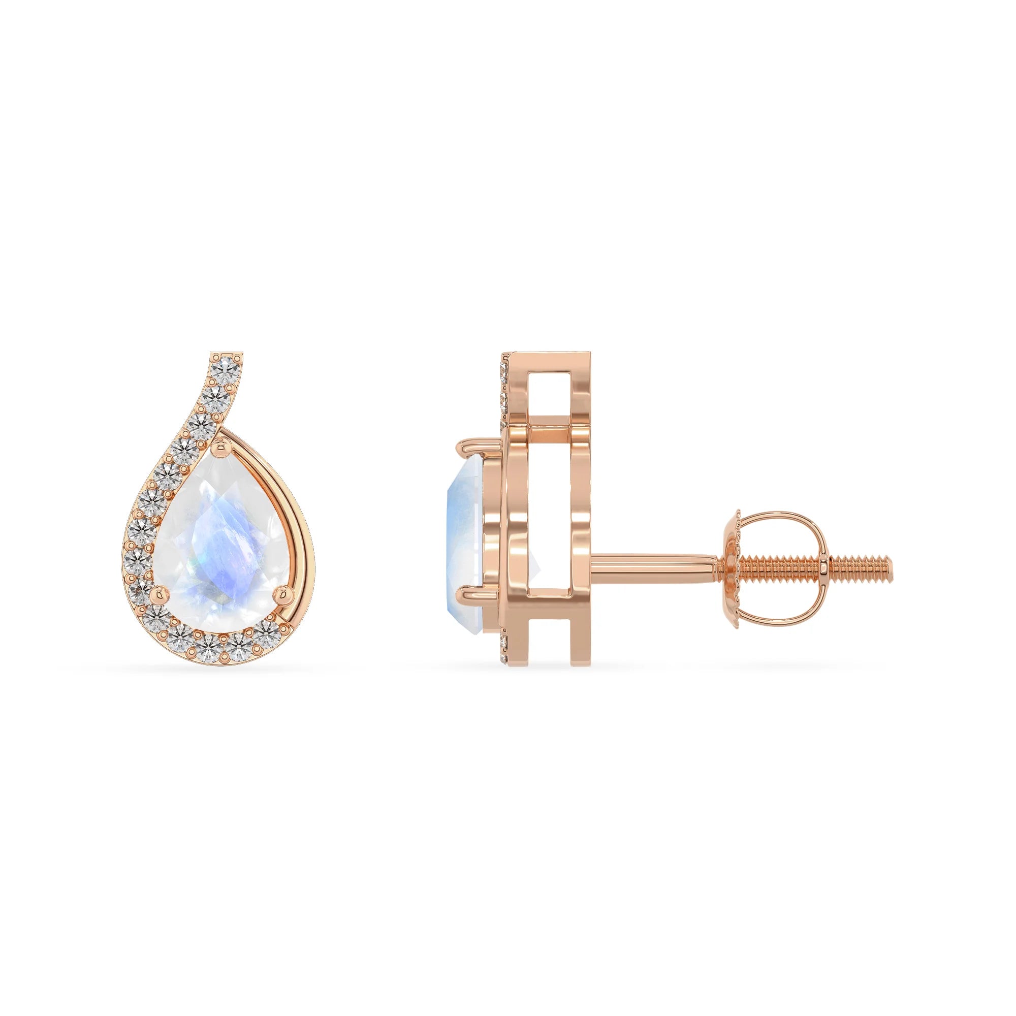 natural rainbow moonstone pear stud earrings in rose gold 