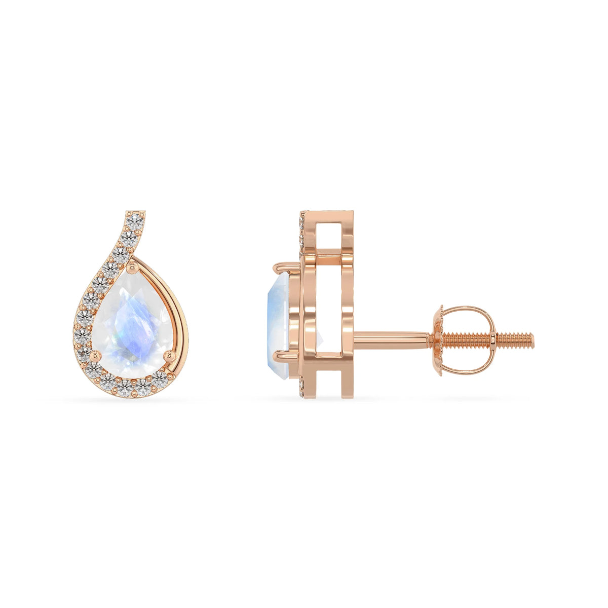 natural rainbow moonstone pear stud earrings in rose gold 