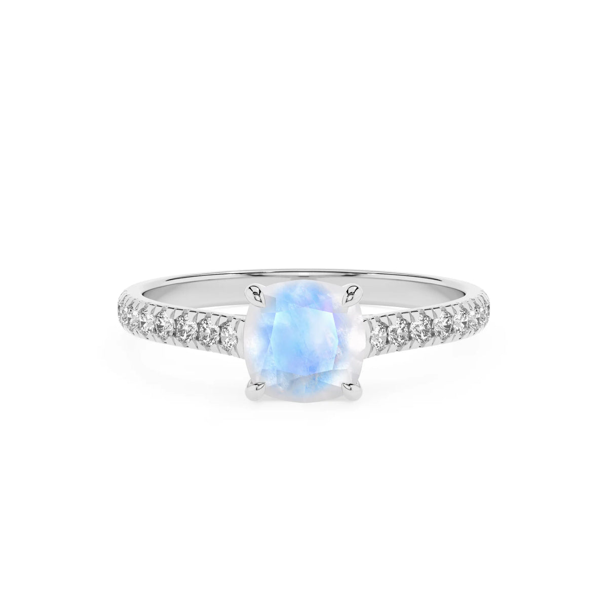 natural rainbow-moonstone cushion half eternity solitaire engagement rings in sterling silver 