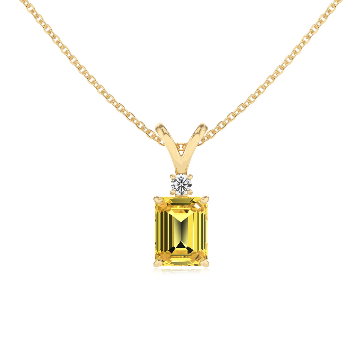 lab grown yellow-sapphire emerald cut solitaire v-bale necklaces in yellow gold 