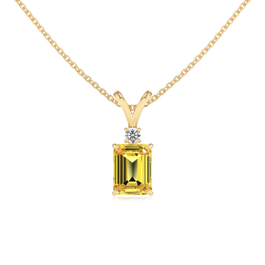 lab grown yellow-sapphire emerald cut solitaire v-bale necklaces in yellow gold 
