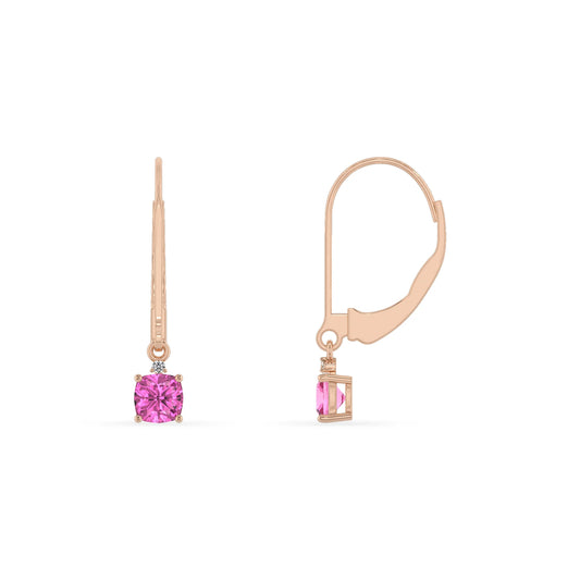 lab grown pink sapphire cushion drop earrings in rose gold 