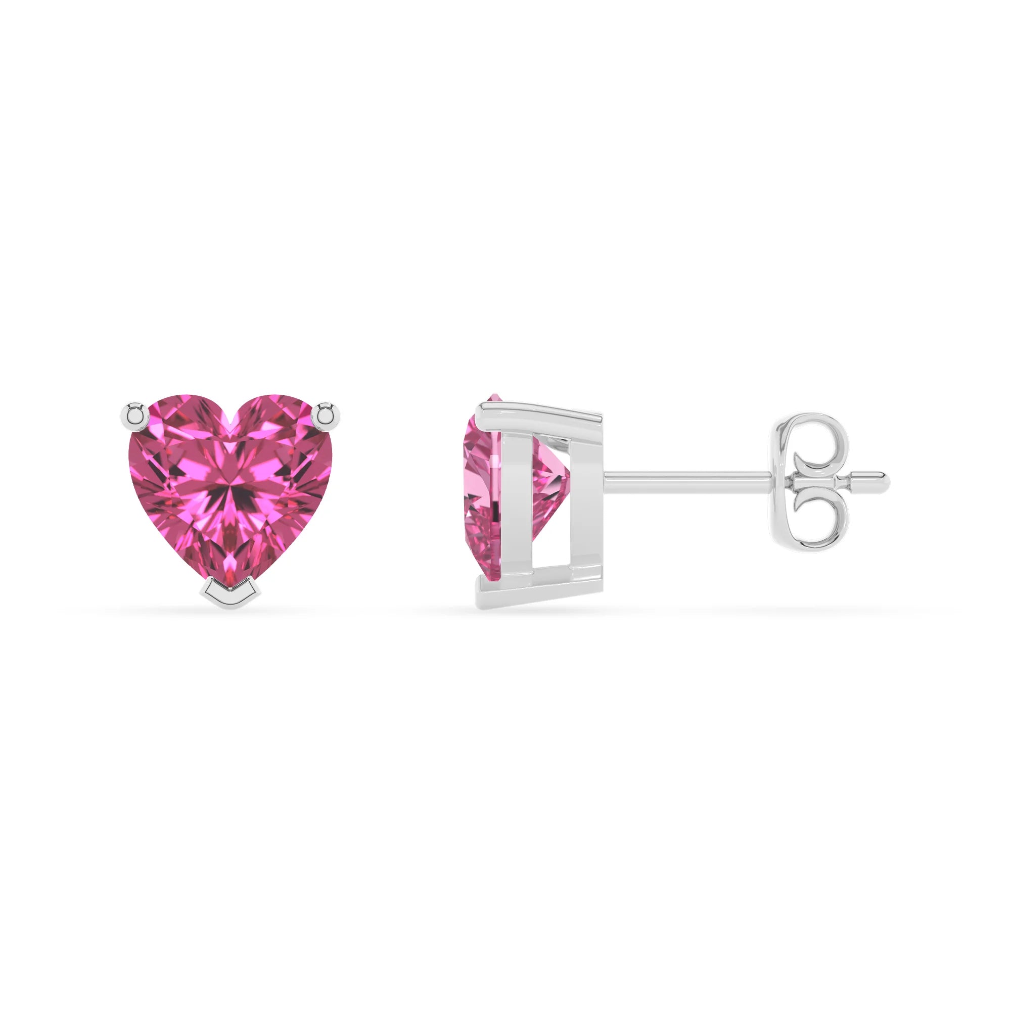 lab grown pink sapphire heart stud earrings in white gold 