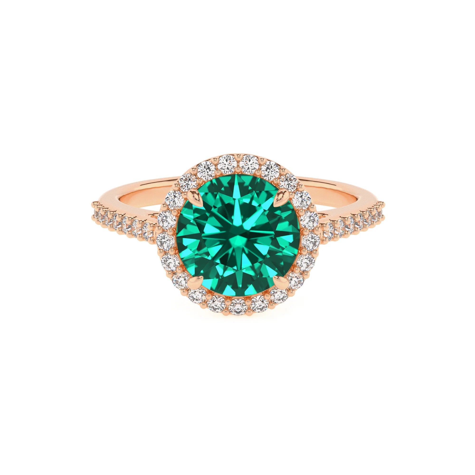 lab grown emerald round solitaire rings in rose gold 