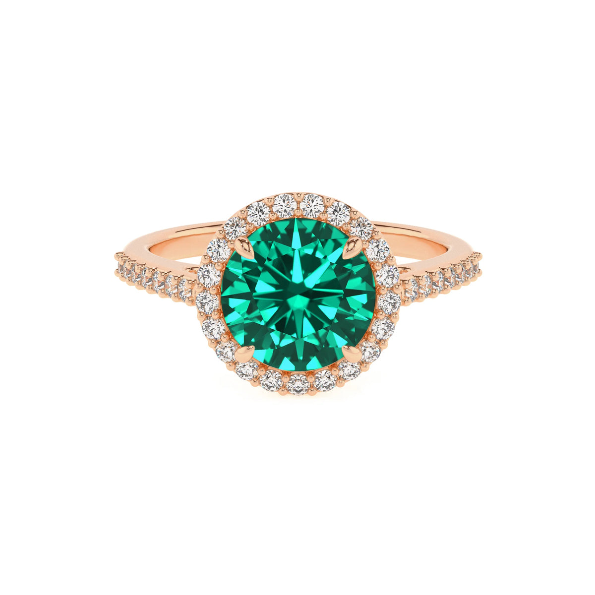 lab grown emerald round solitaire rings in rose gold 