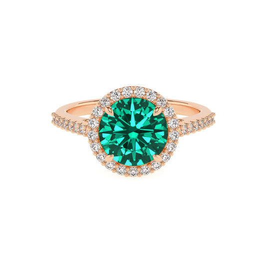 lab grown emerald round solitaire rings in rose gold 