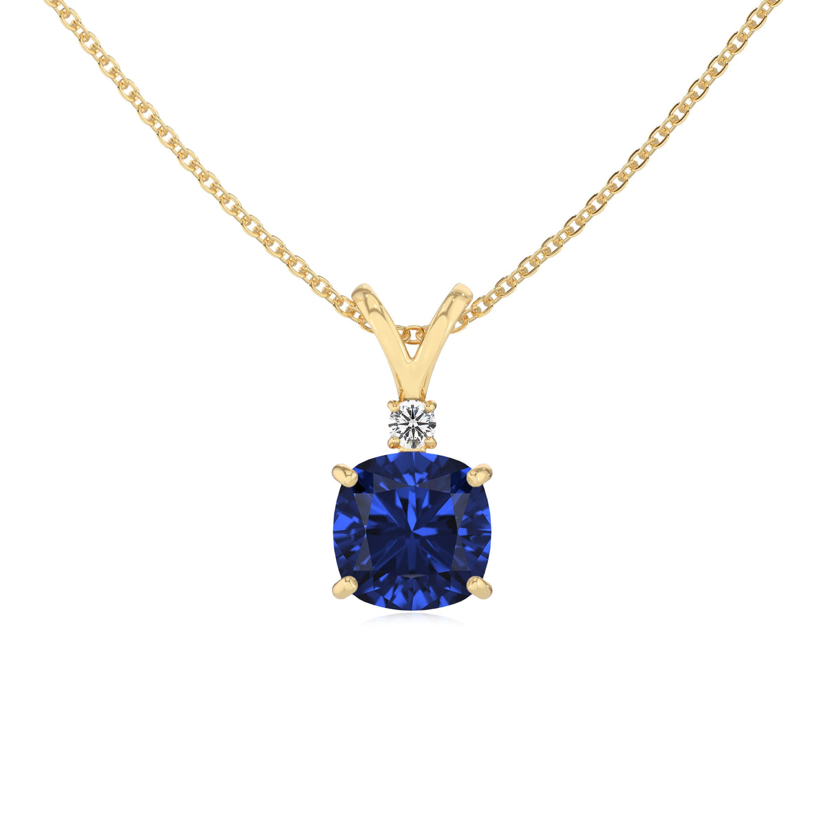 lab grown blue-sapphire cushion solitaire v-bale necklaces in yellow gold 