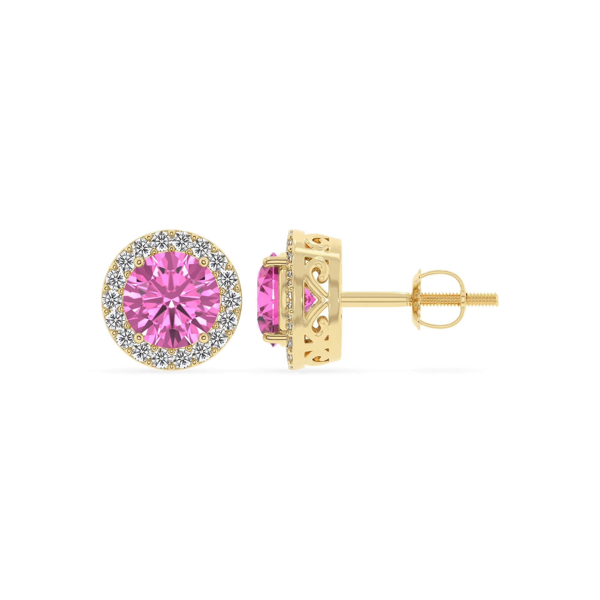 lab grown pink sapphire round stud earrings in yellow gold 