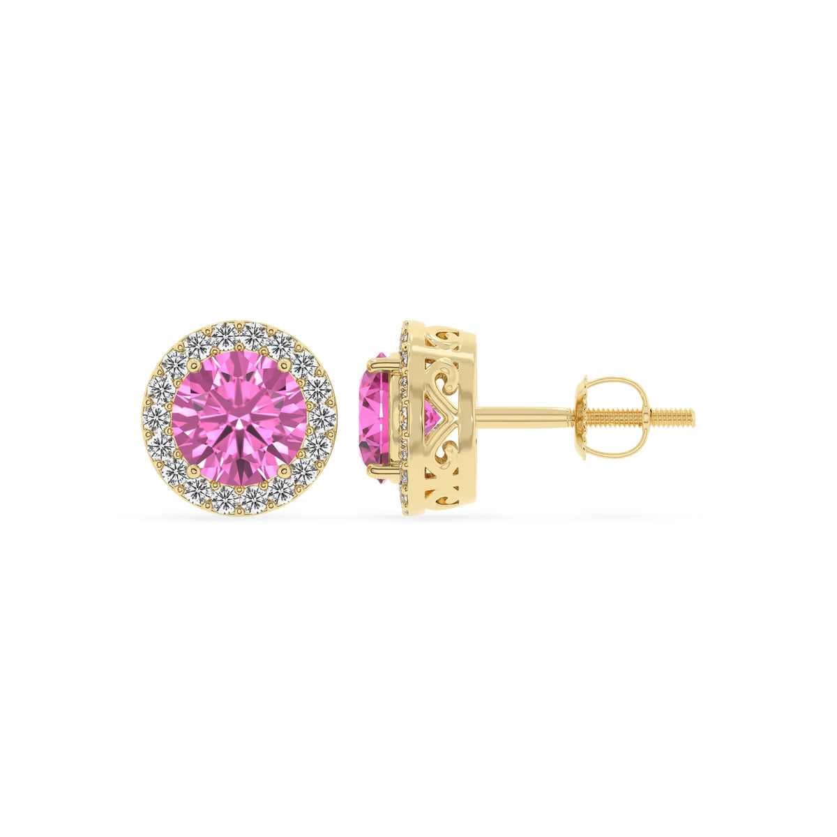 lab grown pink sapphire round stud earrings in yellow gold 