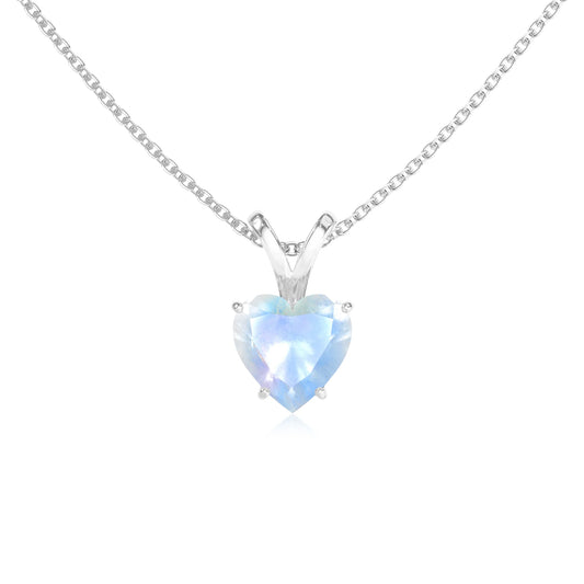 natural rainbow-moonstone heart solitaire v-bale necklaces in sterling silver 