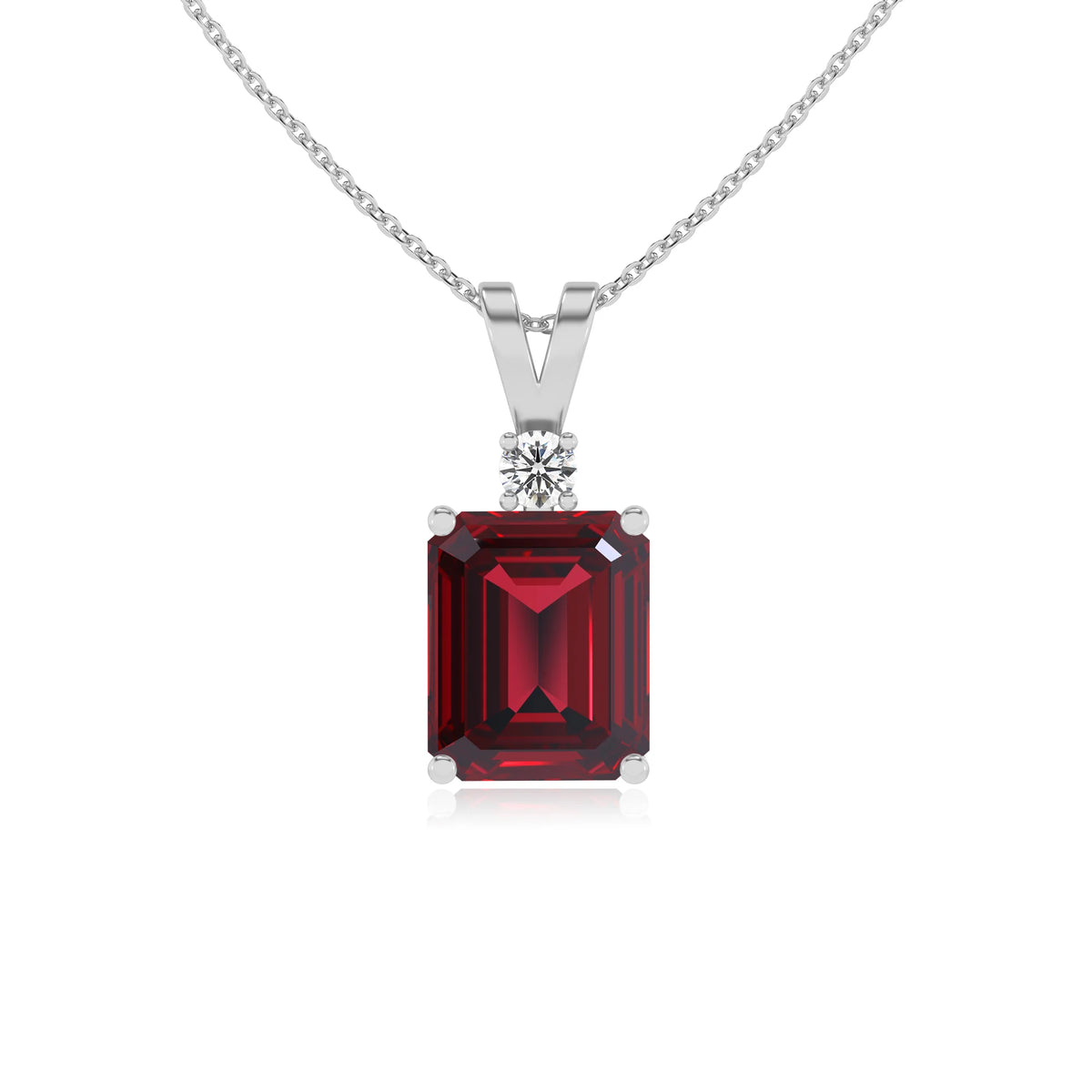 lab grown ruby emerald cut solitaire v-bale necklaces in white gold 